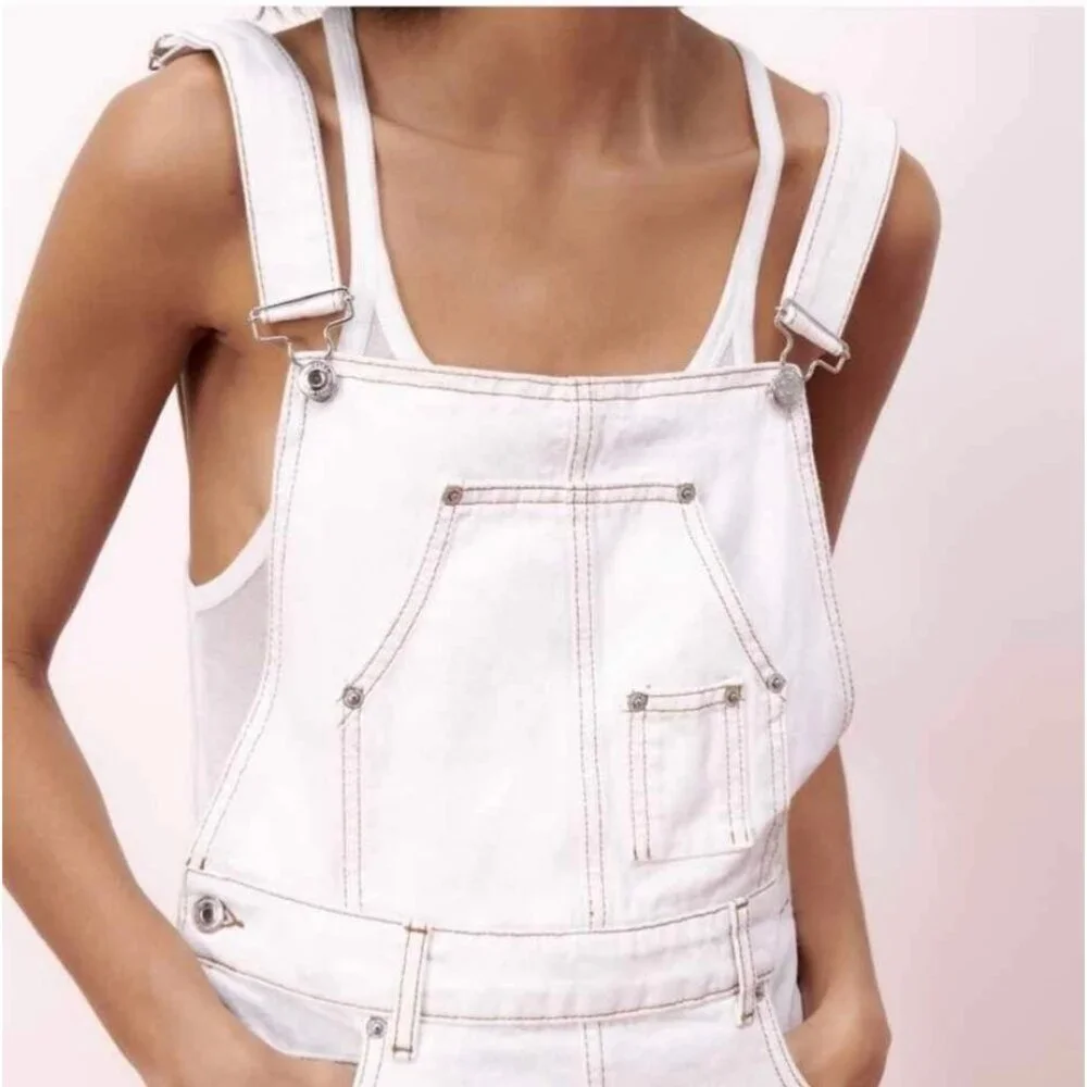 Zara Off White Brown Stitches Denim Overall Dress Bib Skirt Size Medium - Picture 4 of 14